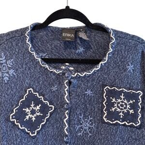 ERIKA Womens 1X Snowflake Embroidered Cardigan Sweater Blue Ramie Cotton VTG